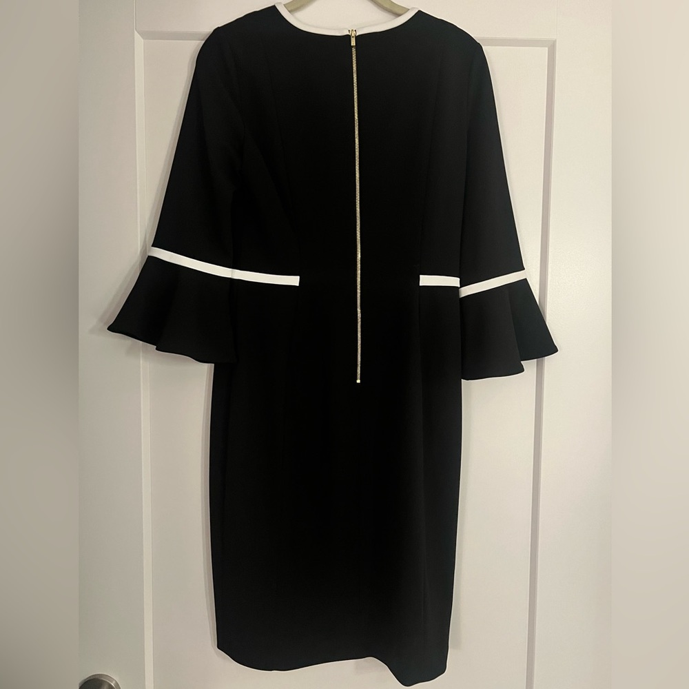 Calvin Klein Black Dress with Bell Sleeve and white piping detail, size 6 - Picture 6 of 8